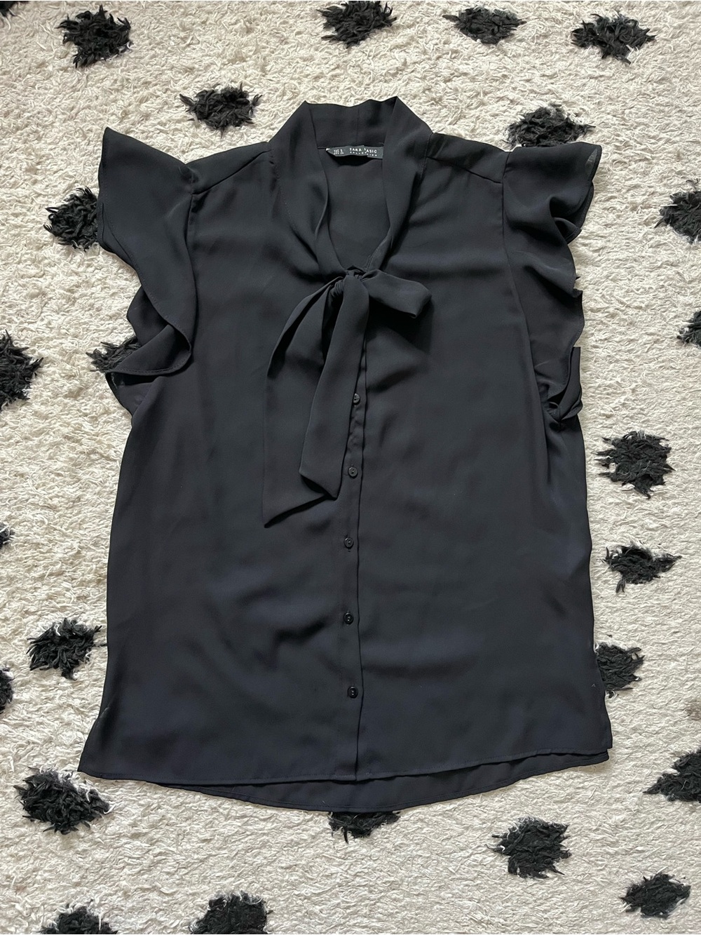 Zara size small black button down short ruffle sleeve with tie neck